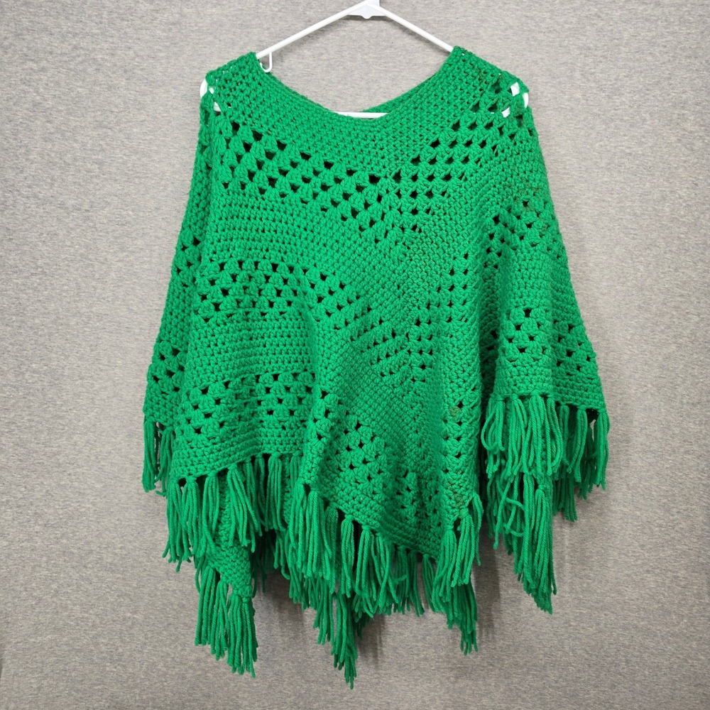 Vintage Handmade Green Crochet Poncho Fringed Boho Granny Square Knit Wrap
